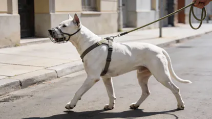 Perro de raza potencialmente peligrosa con bozal y correa corta paseando correctamente.