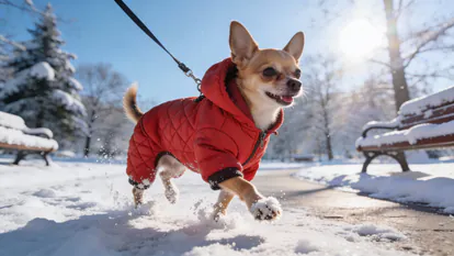 Perro pequeño con abrigo de invierno paseando por un parque nevado.